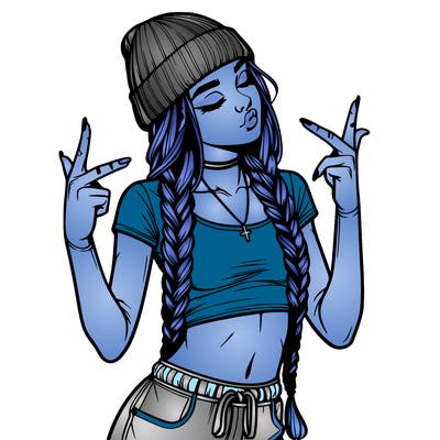 realistic teenage girl with braids and a beanie and crop top doing 🫶🏼