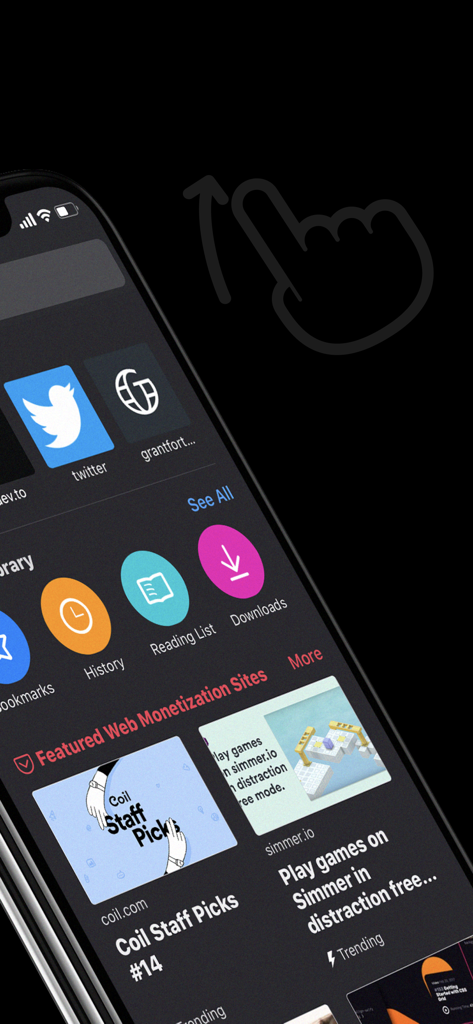 Puma Browser: Ai Chat & GPT - Puma Browser library interface on iPhone showing bookmarks and featured web monetization sites.