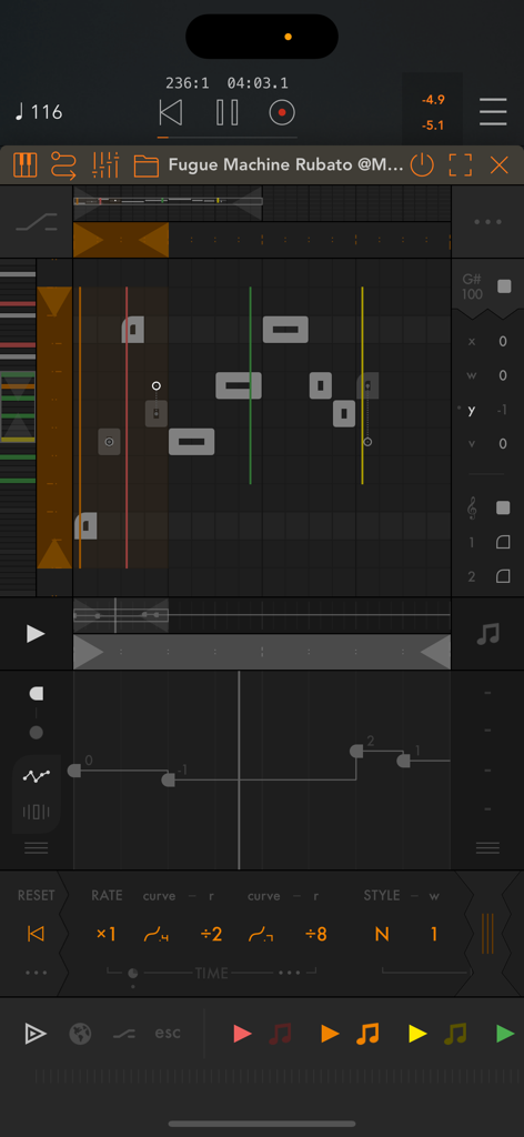 Fugue Machine Rubato - Fugue Machine Rubato interface featuring a dark musical grid with multiple colorful playheads and automation envelopes