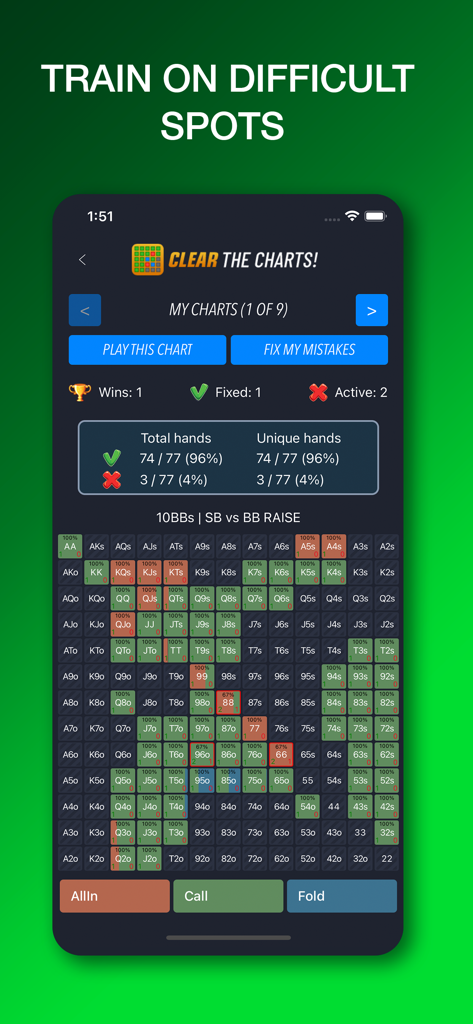 Interfaz de la aplicación móvil que muestra una tabla de rangos de manos GTO y un juego de entrenamiento para la estrategia de póker