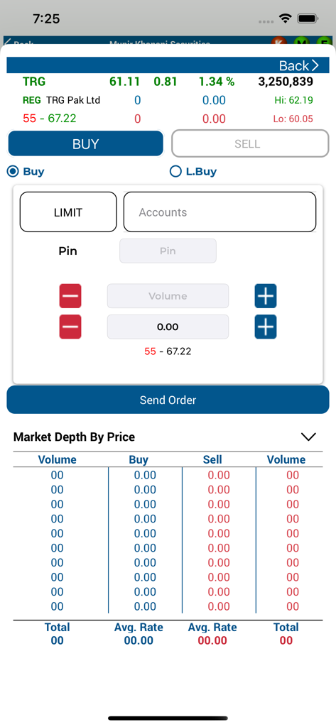 MMK Trade-iFlair - Interface of the MMK Trade-iFlair app for placing stock buy orders on the Pakistan Stock Exchange with real-time market depth data.