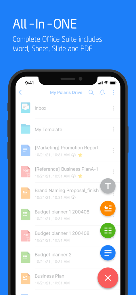 Polaris Office mobile app dashboard showing a list of Word Excel and PDF documents with a quick action menu