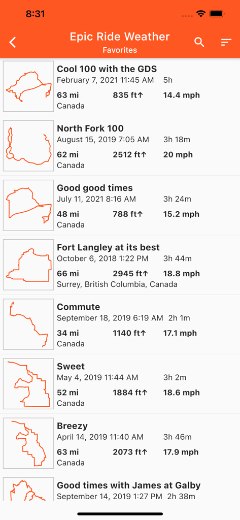 Epic Ride Weather - A list of favorite cycling routes in the Epic Ride Weather app showing route maps distance elevation and speed