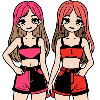 two sisters with crop tops and jean shorts and straight hair