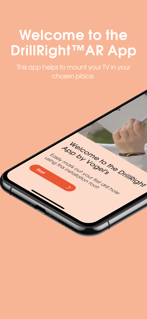 DrillRight - Welcome screen of the DrillRight AR app on a smartphone for TV wall mount installation
