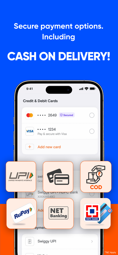 Instamart: Groceries & more - Interface do aplicativo móvel mostrando opções de pagamento seguras para Instamart, incluindo dinheiro na entrega, UPI e RuPay