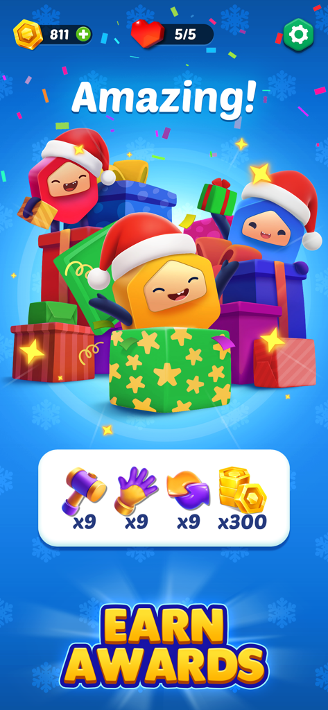 HexaGo puzzle characters wearing Santa hats with earned game rewards