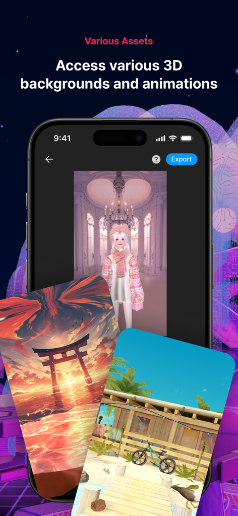 Chelly 앱의 iPhone 인터페이스로 가상 무도회장에 있는 3D 아바타와 해변 및 일몰 배경 미리 보기 표시