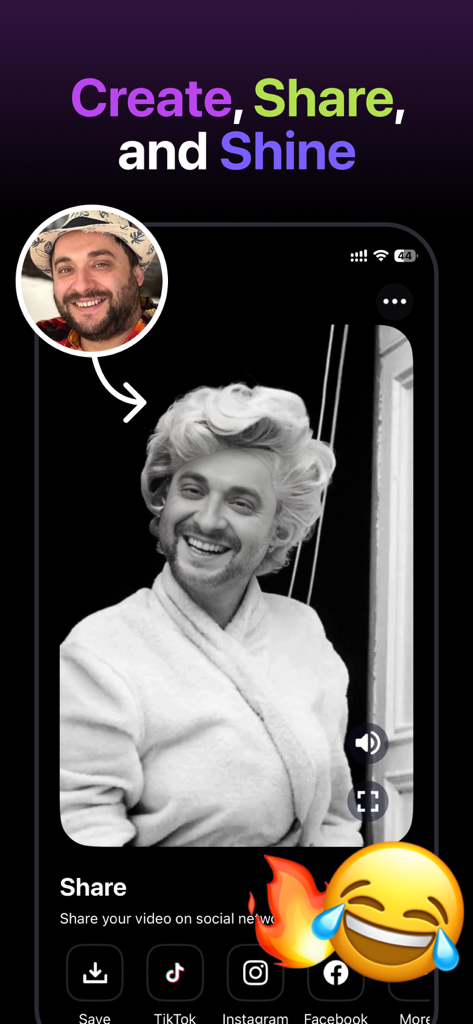 Swapify app interface showing a humorous face swap on a vintage video with social media sharing options