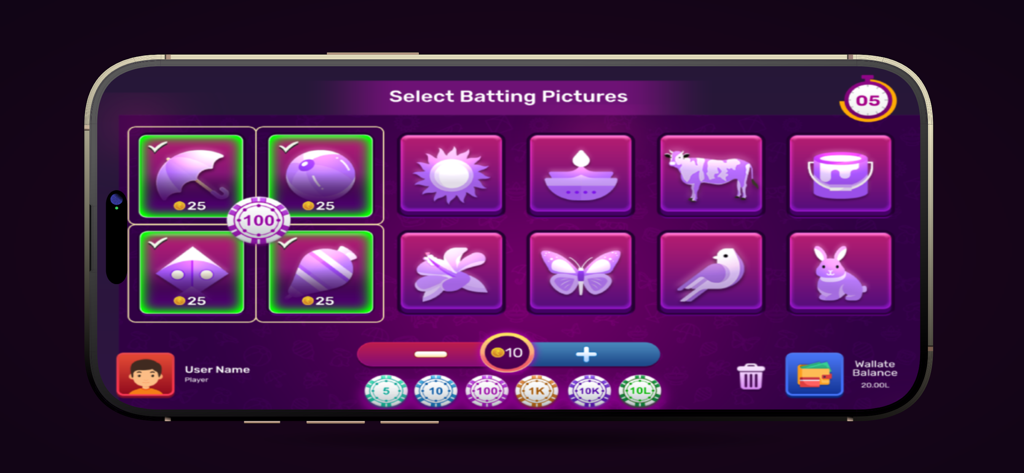 GEBO® Pappu Playing Pictures - GEBO Pappu Playing Pictures mobile game interface showing the selection of traditional icons with virtual betting chips