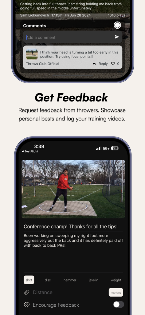 Throws Club - Throws Club mobile app interface showing community feedback on throwing technique
