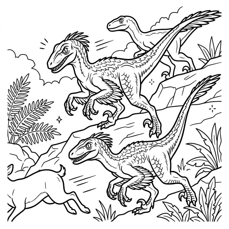 Witness the thrilling social dynamics of Velociraptors on the hunt in this action-packed coloring page. Bring this prehistoric pursuit to life with your favorite colors.