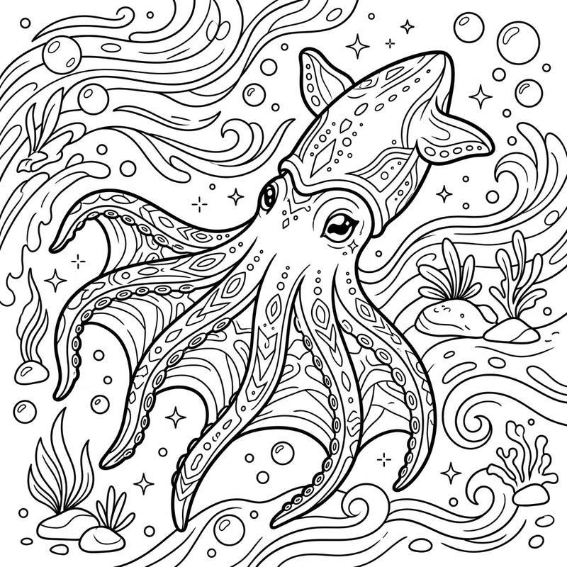 Unleash your artistic flair with this captivating vampire squid coloring page, specially crafted for teens. Featuring intricate designs and deep-sea elements, it promises hours of creative fun.