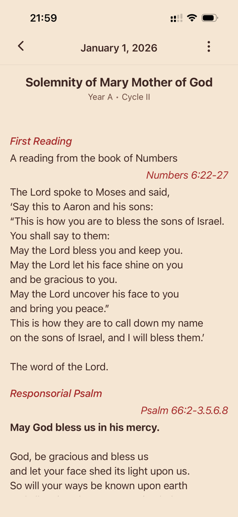 A mobile screen showing daily Catholic liturgical readings and scripture for the Solemnity of Mary Mother of God in the Live the Mass app.