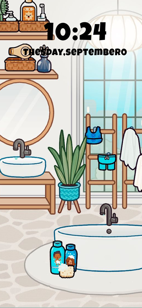 Aesthetic modern bathroom design in Toca Life style with a sink, plant, and bathtub