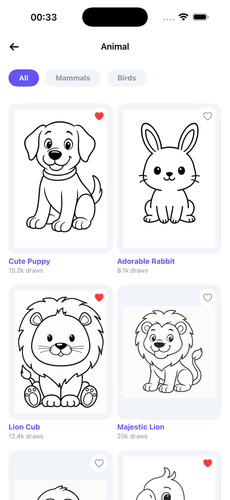 AR Drawing: Trace & Sketch - AR描画アプリの、子犬、ウサギ、ライオンなどの漫画の動物の線画テンプレートのギャラリー。