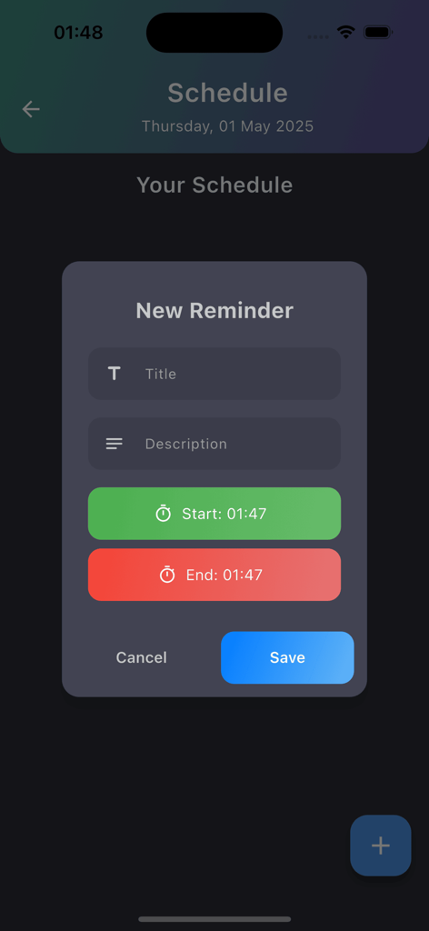 A screenshot of the Focus Mate app showing a pop-up window to create a new reminder with fields for title description and start and end times