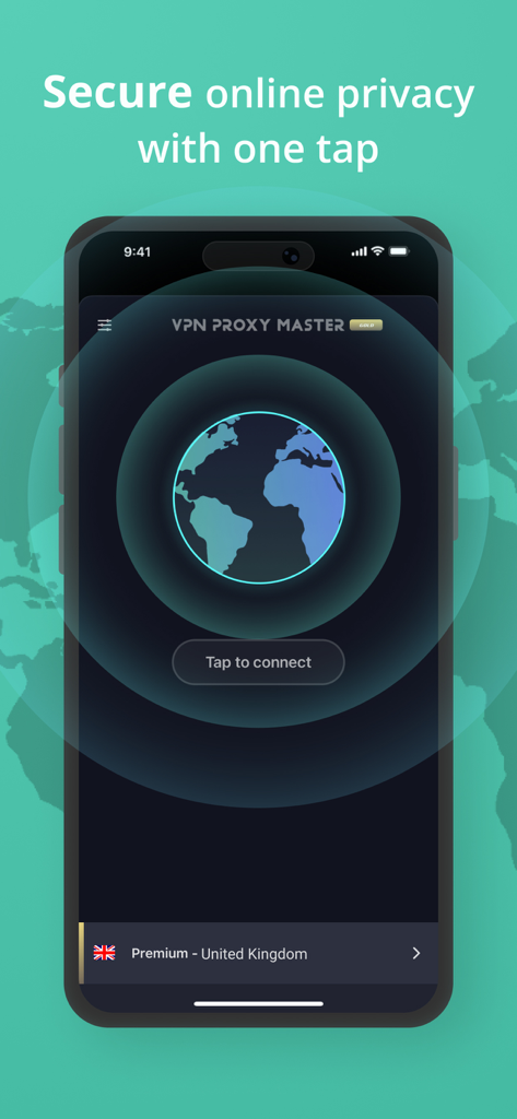 Interfaz de la aplicación VPN Proxy Master que muestra un botón de conexión de un solo toque para privacidad en línea segura