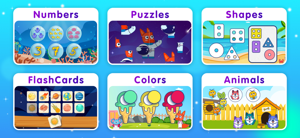 Kids Toddlers Learning Games - Educational game menu for toddlers featuring numbers puzzles shapes flashcards colors and animals
