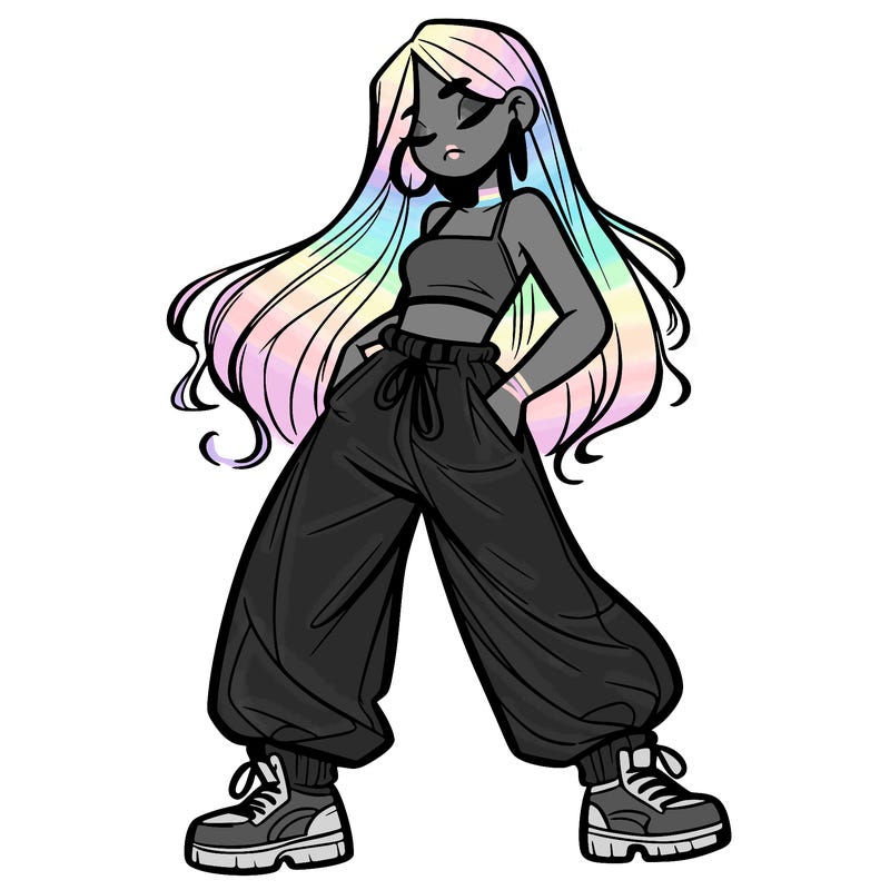 girl in baggy pants crop top and long hair