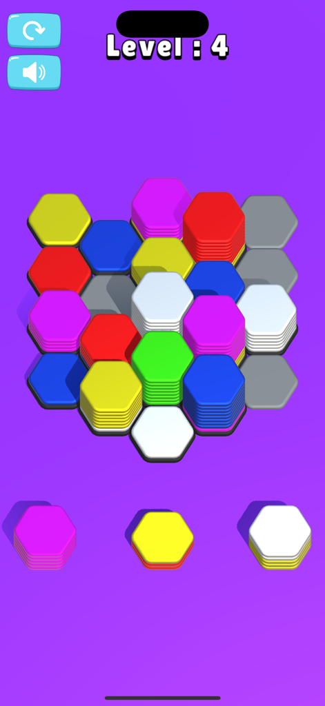 Hexa Sort Game - Hexagonal stacks of colorful tiles in a puzzle game level