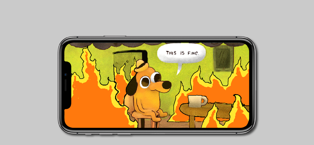 Animation Sketch Pro - A hand-drawn animation of the This is fine meme dog in a burning room displayed on an iPhone screen