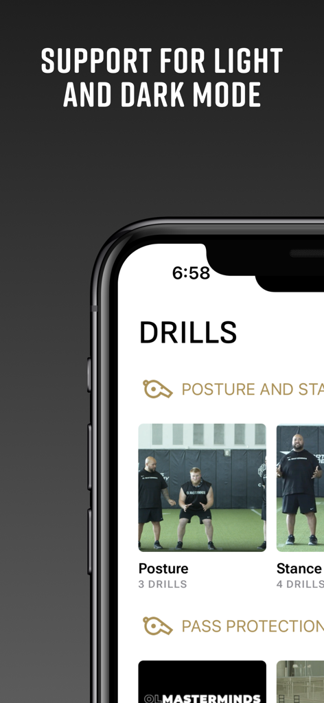 OL Masterminds - OL Masterminds app interface showing offensive line football drills with support for light and dark mode