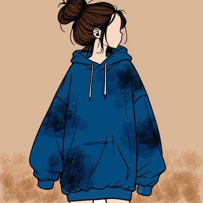 realistic girl with a oversized sweatshirt on and a bun