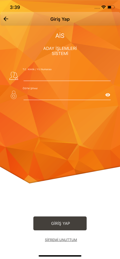 ÖSYM Aday İşlemleri Sistemi - Página de login do aplicativo OSYM Aday Islemleri Sistemi com campos de entrada para número de identificação e senha em um fundo geométrico laranja.