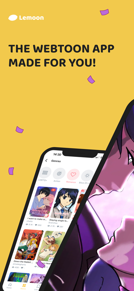 Interface de l'application Lemoon webtoon montrant les catégories de genres de BD sur fond jaune avec le texte l'application webtoon faite pour vous