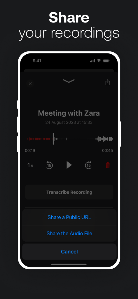 TapeACall app screen showing options to share a call recording via public URL or audio file