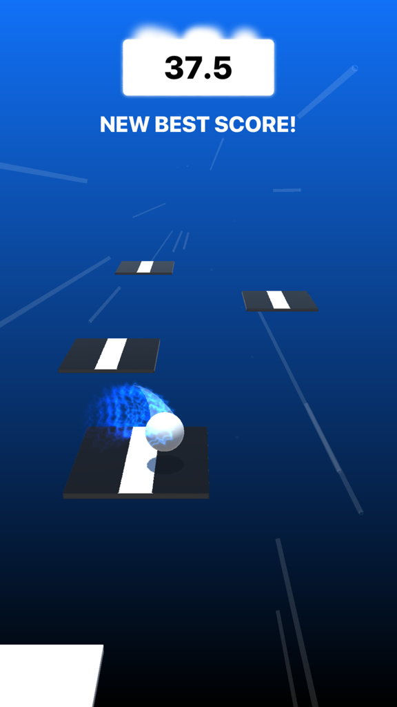 A white ball bouncing on tiles in a rhythm game with a new best score displayed on a blue background