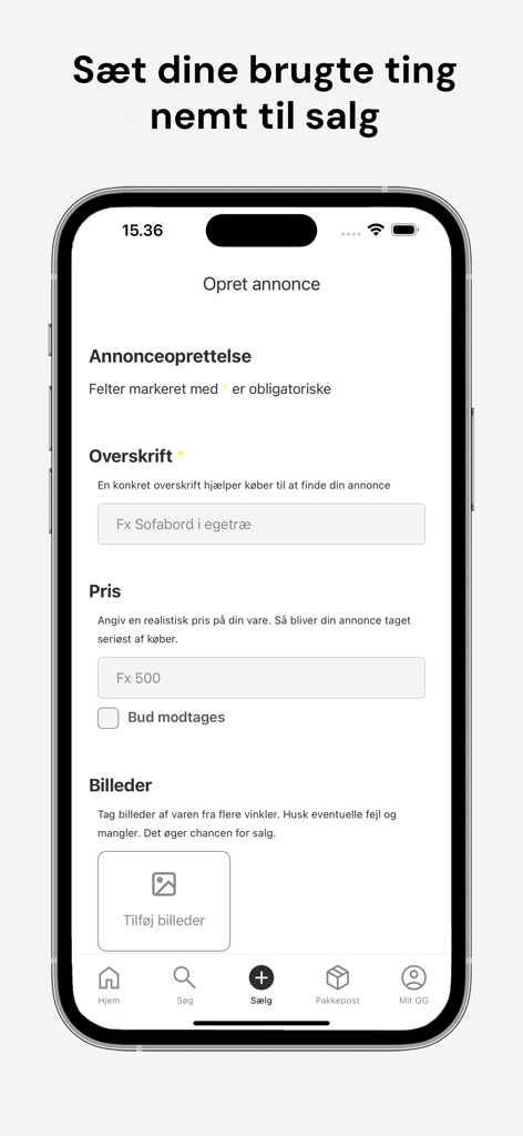 Smartphone screen showing the GulogGratis app interface for creating a new advertisement to sell used items with fields for title price and photos