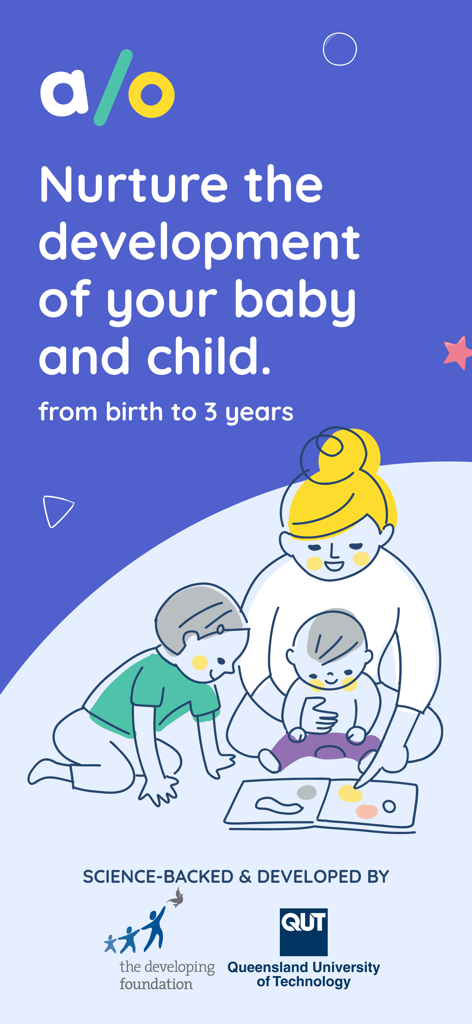 Baby Milestones & Development - Uma tela introdutória para o aplicativo Alo com uma ilustração de uma mãe lendo para seus filhos e texto sobre nutrir o desenvolvimento do nascimento aos três anos.