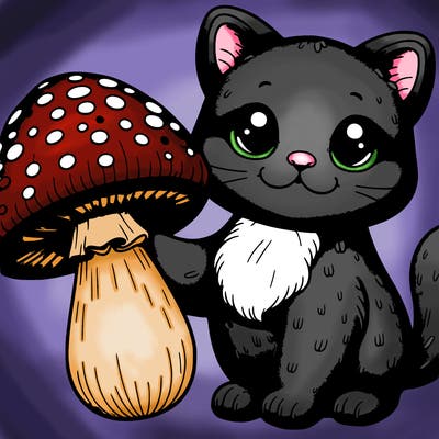 purple realistic cat holding a mushroom