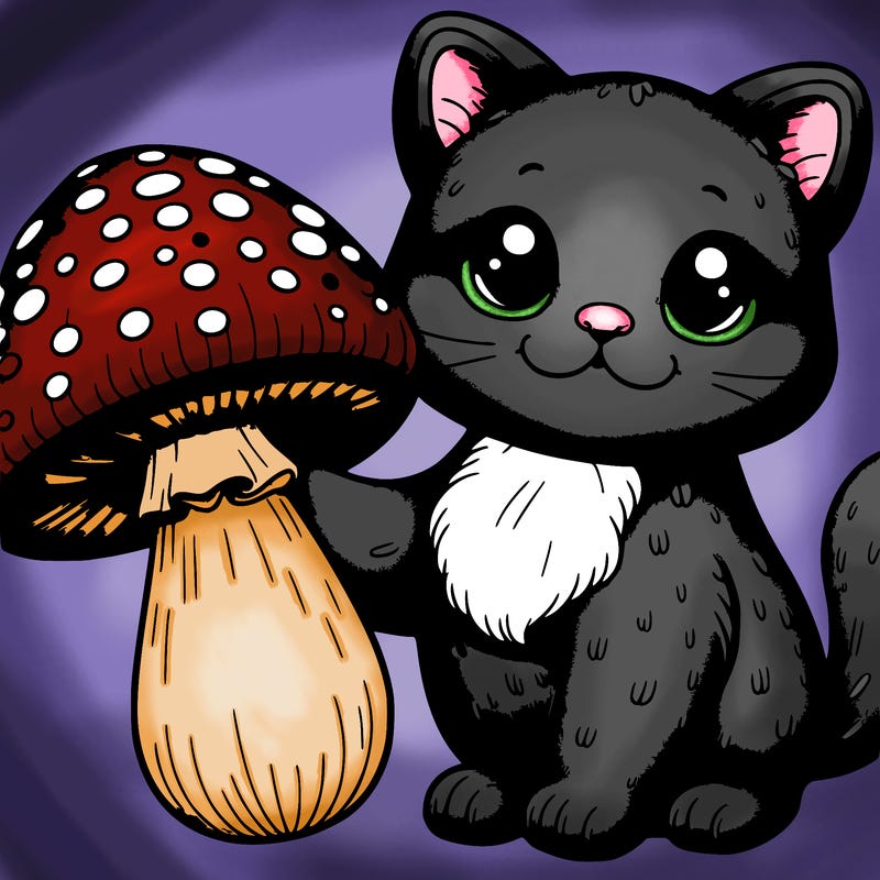 purple realistic cat holding a mushroom