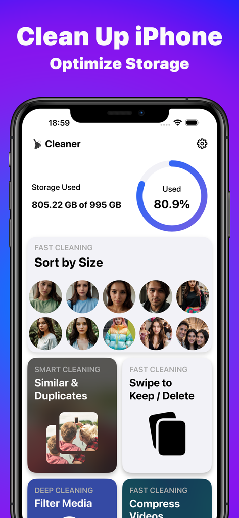 Phone Cleaner for iPhone, iPad - Aplicación Phone Cleaner para iPhone mostrando el uso de almacenamiento y las opciones de limpieza