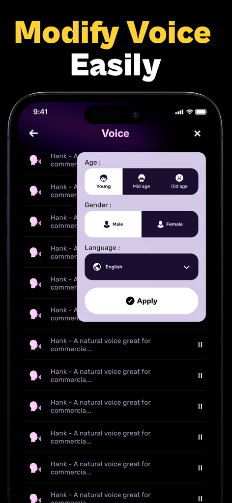 AI UGC Video Ads - Product Ads - Interface pour personnaliser les paramètres de voix IA dans une application de création de publicités vidéo montrant les options d'âge, de genre et de langue