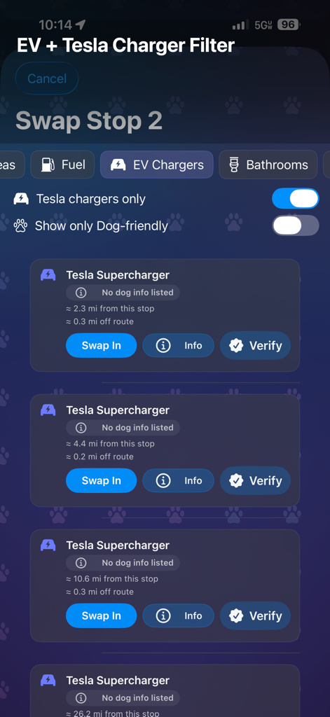 PetStop: Dog Road Trip Planner - PetStop app screen showing EV and Tesla Supercharger filter options for selecting vehicle charging stops on a dog road trip
