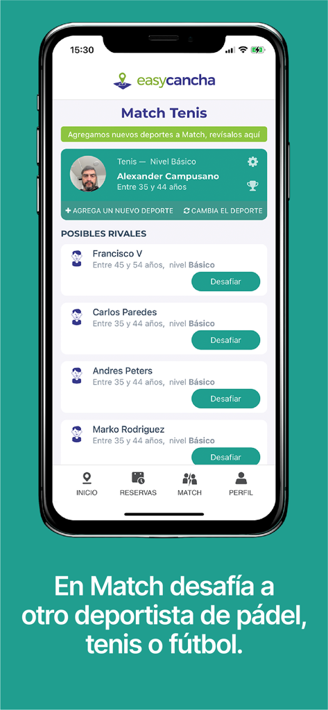 easycancha - Tela móvel do aplicativo easycancha mostrando o recurso de matchmaking de tênis com uma lista de rivais em potencial para desafiar.