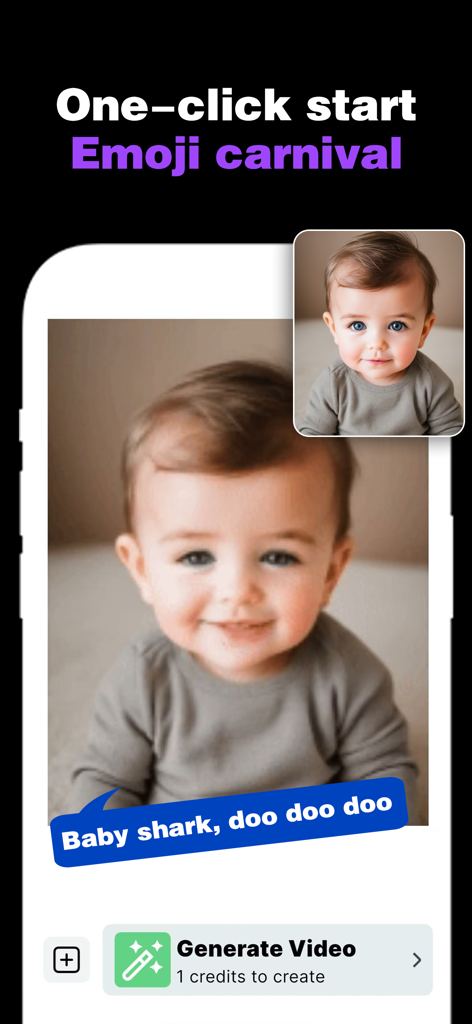 Holo AI: Smart Video Creator - Interface do aplicativo Holo AI animando a foto de um bebê para cantar com um botão de geração de vídeo.