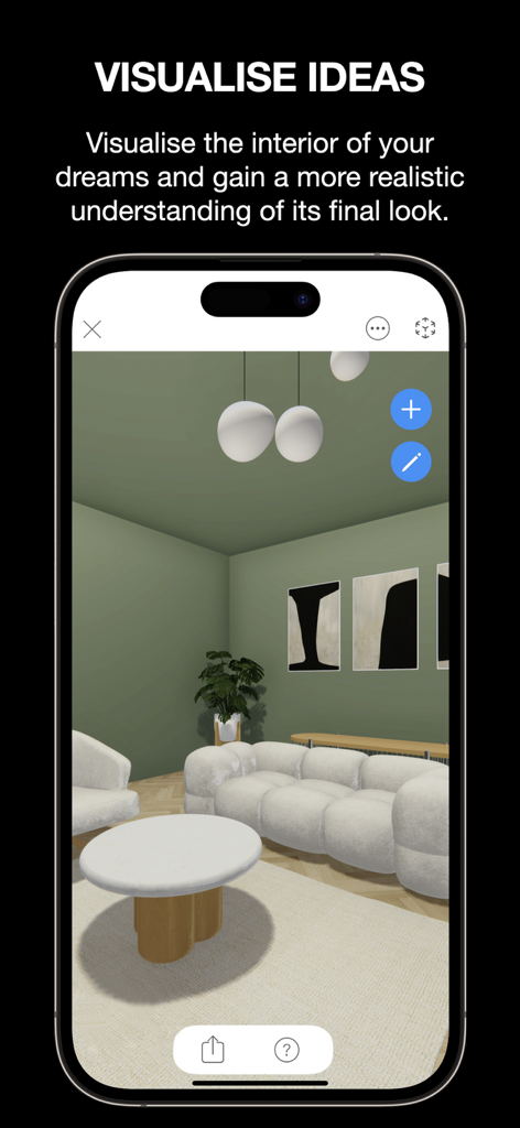 ARki: Building + Room Planner - Interfaz de la aplicación ARki que muestra una sala de estar moderna renderizada en 3D con muebles blancos y paredes verdes