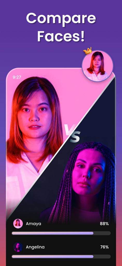 Beauty Scanner: Face Analysis - Mobile app interface showing a face comparison feature with beauty scores for two women