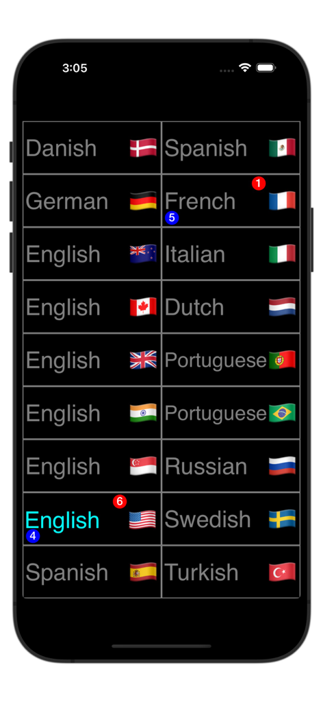WordXing - WordXing app screen showing a grid of supported languages with national flags and game notification badges