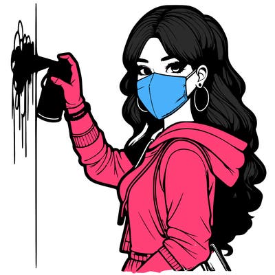 realistic girl with mask spray painting a wall