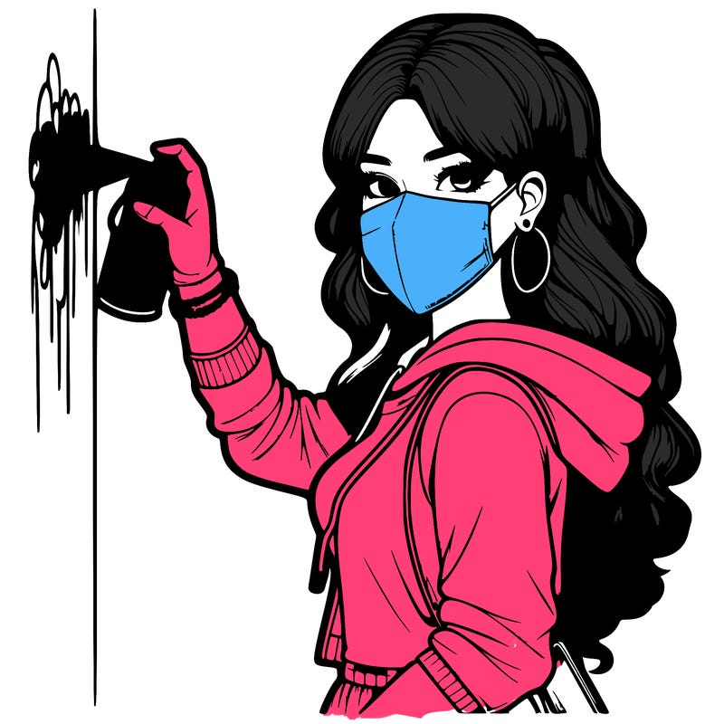 realistic girl with mask spray painting a wall