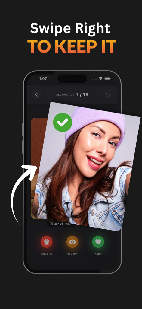 Photo Cleaner Swipe - Smartphone app interface showing a swipe right gesture to keep a photo and free up storage