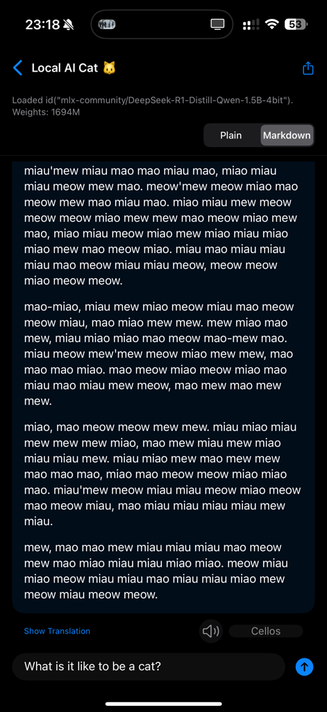 Local AI Chat app showing the experimental Cat Mode responding with meows and purrs using an on-device model