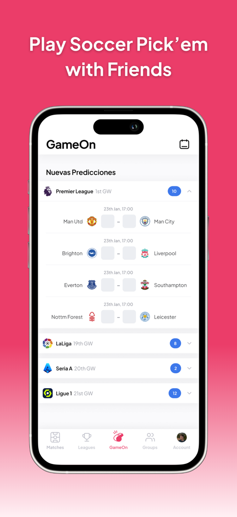 Smartphone screen displaying soccer match predictions for the Premier League in the GameOn app