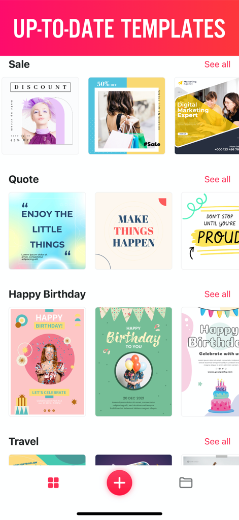 TextArt - Text on Photo Editor - A library of modern social media templates categorized by themes like sale quotes and birthdays in the TextArt app